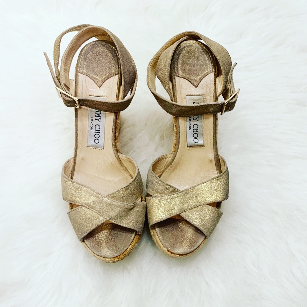 💚Jimmy Choo metallic gold wedges 37